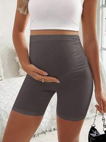 SHEIN 孕婦純色可調腰圍休閒日常穿著緊身內搭短褲 - 灰色 - 查看 4