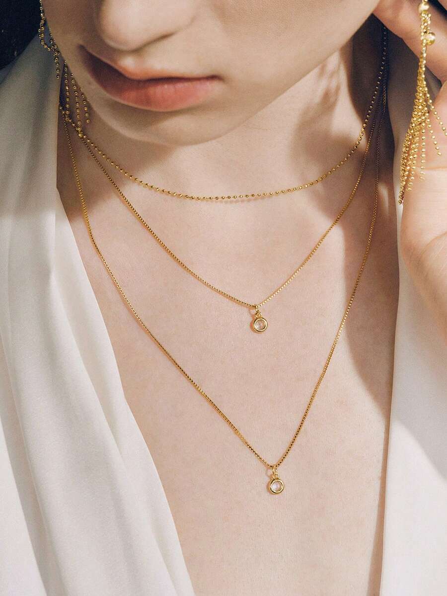 Opalesca 1pc Copper Chain Exquisite Artificial Zirconia Pendant Gold Multi-Layer Stackable Necklace, Suitable For Women's Daily Wear, Dating And Party - Yellow Gold - View 1