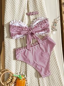 SHEIN SunnyBelle 春夏女款熱銷條紋印花優雅度假網紅風兩件式比基尼海灘套裝 - 彩色 - 查看 2