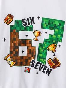 SHEIN 2件組兒童青少年男孩新款白色運動衫套裝，Y2K風格，Mini World，數字67，適合秋冬、學校、家庭聚會、開學季、運動，秋季穿搭，冬季穿搭 - 彩色 - 查看 5