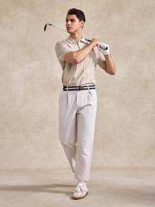 高爾夫男士休閒日常通勤條紋裝飾短袖針織上衣 度假米色夏季款 - 杏色 - 查看 2