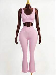 Mistrie Women's Solid Color Cropped Tank Top And Leggings Sports Set - Pink - View 5