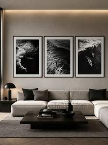 3Pcs Surf Theme Canvas Wall Art Set – Monochrome Wave Beach Photography Print For Living Room Office Decor, Gift (Unframed) - multicolor - View 6