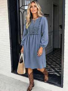 LanaWest Women's Blue Lace Tassel Ruffle Mid-Length Puff Sleeve Dress, Western Vacation Style - Blue - View 3
