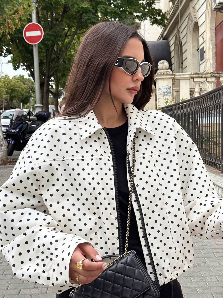 SHEIN 青少年女孩圓點拉鍊休閒百搭日常旅行長袖夾克 - 白色 - 查看 1