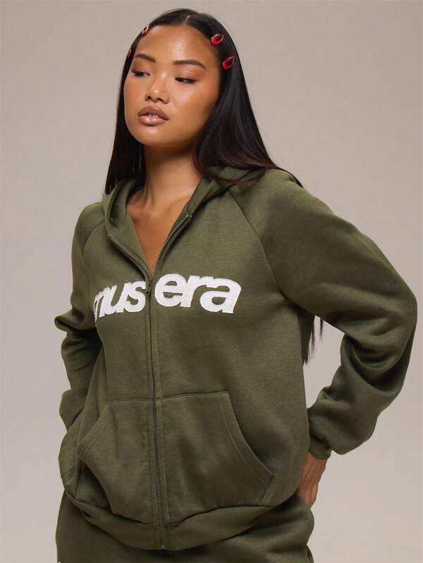 MUSERA Sudadera con capucha verde de punto con logotipo gráfico y cremallera, casual de invierno, cómoda para el día, conjunto cool, chaqueta sudadera para mujer verde