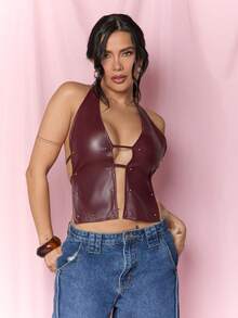 Dania Mndz Shop Red Wine-Colored Jacket Women's Fashionable Street Style Deep V-Neck Backless Rivet Decorated Top, Summer Fashion Clothing Street Chic Y2K Rave Casual - Burgundy - View 2