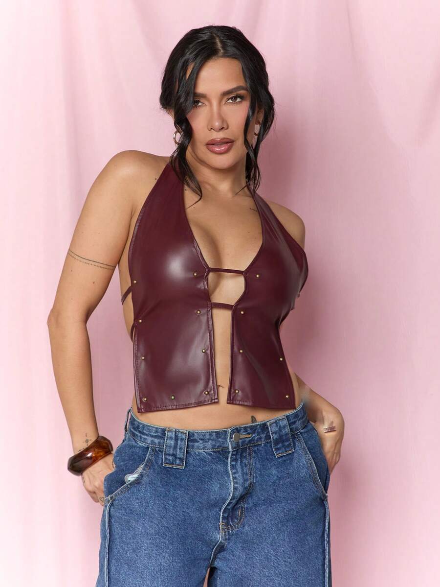 Dania Mndz Shop Red Wine-Colored Jacket Women's Fashionable Street Style Deep V-Neck Backless Rivet Decorated Top, Summer Fashion Clothing Street Chic Y2K Rave Casual