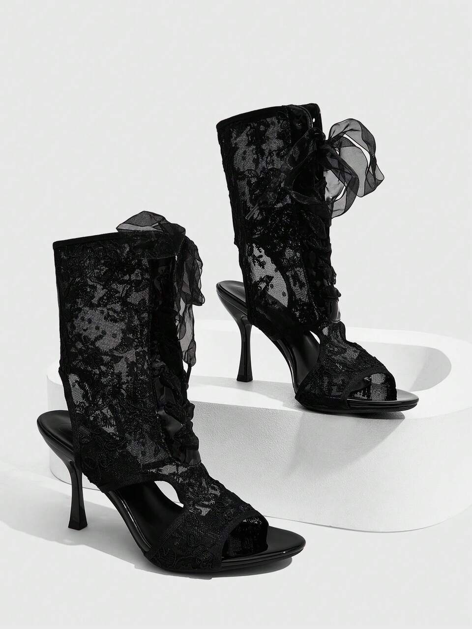 CUCCOO SZL Spring And Summer | Lace Embroidery + Bow Tie + Open Toe Design | Pointed Tops | Fairy Lolita Style | Mesh + Lace Fabric | Hollow High Heel Boots | Co