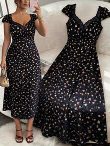 Firerie Plus Size Women Floral Contrast Lace Trim Elegant Dress - Navy Blue - View 2
