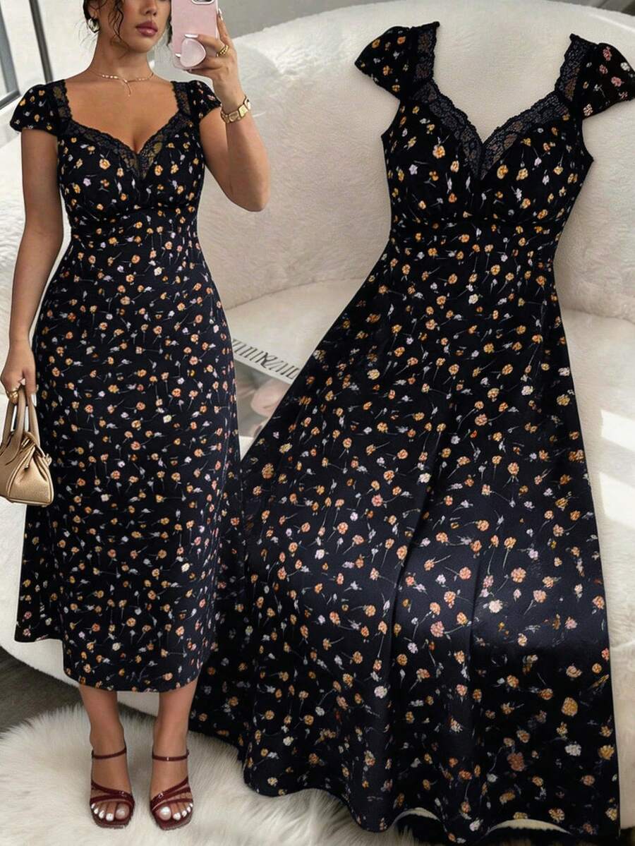 Firerie Plus Size Women Floral Contrast Lace Trim Elegant Dress