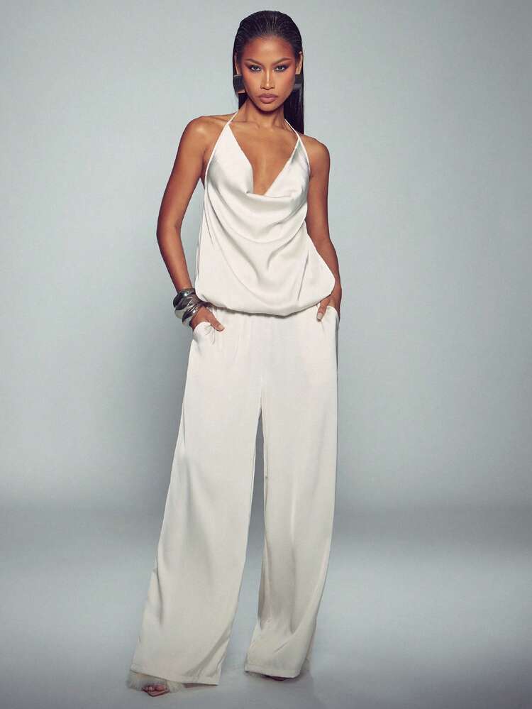 Normani طقم نسائي كاجوال يومي من قطعتين بلون موحد، توب بحمالة رقبة وبنطلون طويل - بيج - مشاهدة 1