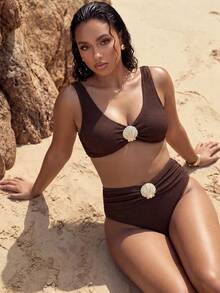 Swim Chiccia Plus Size Vacation Beach Metal Decor Swimwear Set - Brown - View 4