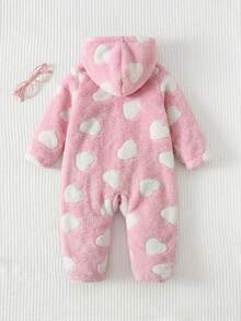 SHEIN Baby Girl Heart Pattern Hooded Fuzzy Romper - Pink - View 2