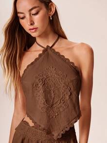 Willow Rêve 女款刺繡掛脖上衣與刺繡腰寬鬆短褲兩件套，波希米亞風，度假風 - 棕色 - 查看 5
