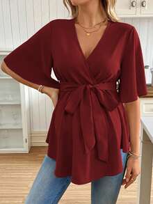 SHEIN 孕婦休閒純色V領上衣附腰帶 - 酒紅色 - 查看 3