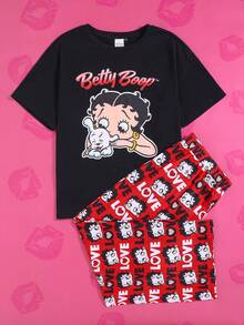 Betty Boop x SHEIN 大码复古性感街头时尚 Y2K 黑红渐变心形波尔卡圆点小狗印花宽松短袖上衣和裤子睡衣套装 - 彩色 - 查看 6
