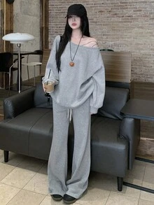 Dazy Tall Women's Asymmetric Shoulder Loose Long Sleeve Pullover Sweatshirt And Loose Pants Casual 2 Pieces Set Fall - Grey - View 2