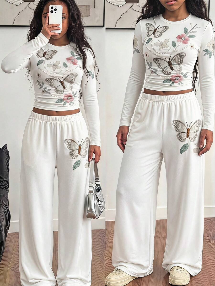 SHEIN Explorewe 青少年女孩花卉與蝴蝶印花T恤與長褲套裝 - 白色 - 查看 1
