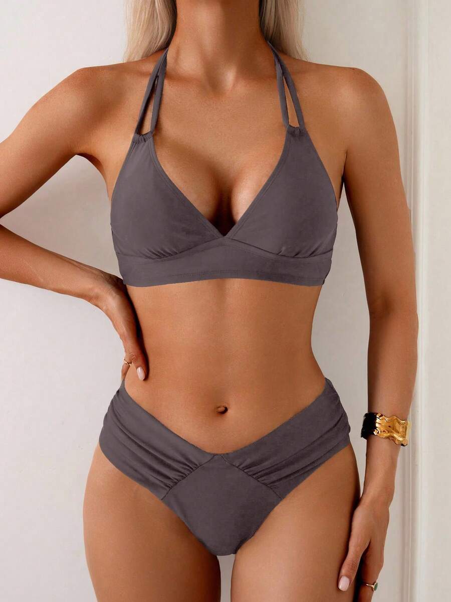 Swim Basics 女款性感兩件式純色雙肩帶露背比基尼套裝,夏季泳裝 - 咖啡棕 - 查看 1