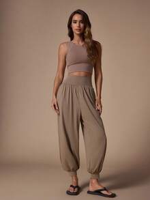 Nuvra Celana Jogger Kasual Wanita Warna Polos dengan Saku - Khaki - View 3
