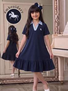 SHEIN 兒童青少年女孩休閒學院風藍白條紋拼接抓皺A字修身洋裝，精緻Logo刺繡，返校季，藍色 - 藏蓝色 - 查看 6