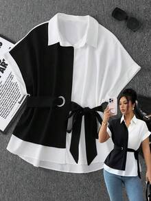 GlowEve 女款優雅黑白襯衫領撞色鏤空裝飾收腰蝴蝶結上衣，適合夏季休閒、辦公、度假、約會穿搭 - 黑與白 - 查看 4
