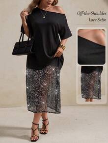 Elegantrix Plus Size Women Spring Summer Sequin Fabric Patchwork Asymmetric Collar Casual Commute Dress - Black - View 1