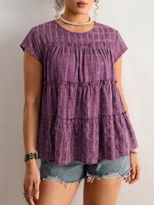 Freevana Plus Size Ruffle Hem Summer Casual Plaid Shirt - Purple - View 6