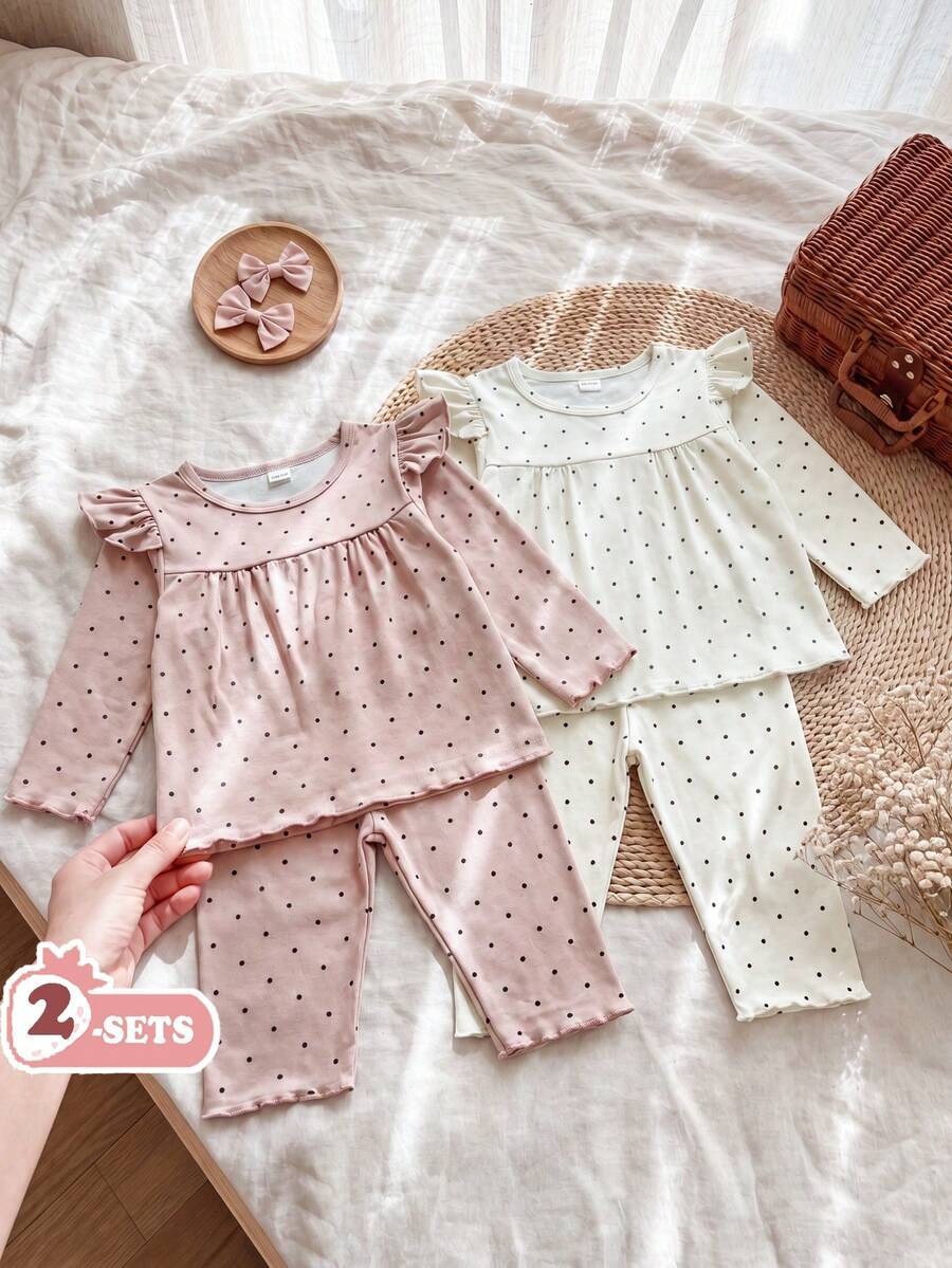 SHEIN Vintaside Kids 女嬰春秋可愛百搭舒適休閒針織波點印花多色圓領荷葉邊長袖T恤上衣搭配緊身褲2件套,適合外出、休閒運動、休閒時光、上學和日常穿著 - 彩色 - 查看 1