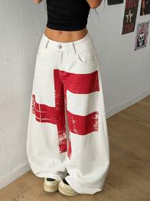 StreetHx Women's Geometric Pattern Pocket Wide Leg Loose Casual Jeans - White - View 4