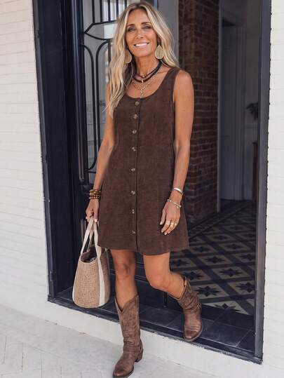 LanaWest Vestido corto de mujer de corte A, estilo vintage, de pana marrón oscuro, cuello redondo y sin mangas, con una sola hilera de botones de madera.