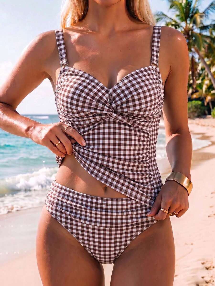 Swim Lushoire 女款夏季海灘度假優雅格紋扭結前胸坦基尼泳衣套裝 - 彩色 - 查看 1