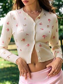Willow Rêve Women's Pink Floral Pattern Hand-Knit Cardigan Sweater, Romantic Cute Elegant Vacation Style High Tea Party Autumn,Tops For Women,Summer Cardigan - Cream - View 7