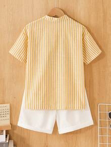 SHEIN Vintaside Kids 男童通勤休闲条纹立领衬衫和条纹短裤两件套，舒适时尚 - 黃色 - 查看 2