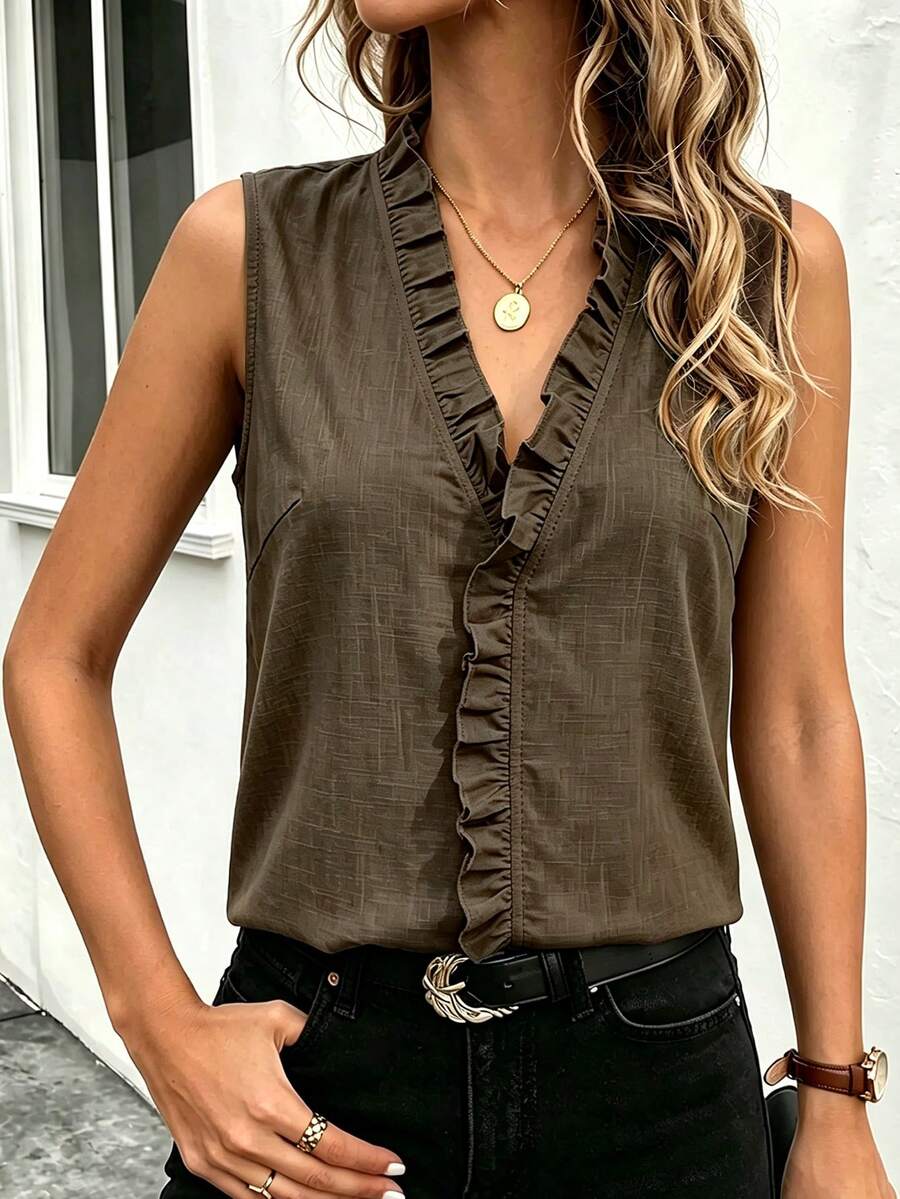 EMERY ROSE Women's Solid Color V-Neck Pleated Casual Versatile Daily Travel Blouse - Chocolate Brown - View 1