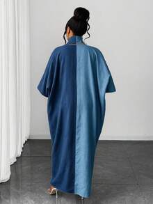 Maweii 大尺碼女款拼接純色長袖休閒連身裙，適合度假通勤，百搭寬鬆秋季女裙 - 藍色 - 查看 2