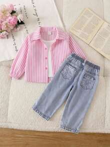 SHEIN Playful Pals 女宝宝春秋条纹长袖衬衫两件套搭配宽松浅蓝色牛仔裤，甜美休闲装，百搭日常出游 - 粉色 - 查看 2