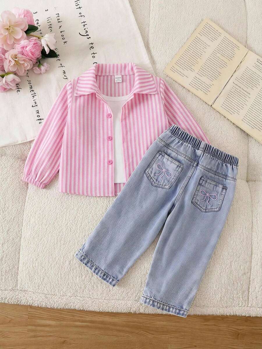 SHEIN Playful Pals 女宝宝春秋条纹长袖衬衫两件套搭配宽松浅蓝色牛仔裤，甜美休闲装，百搭日常出游
