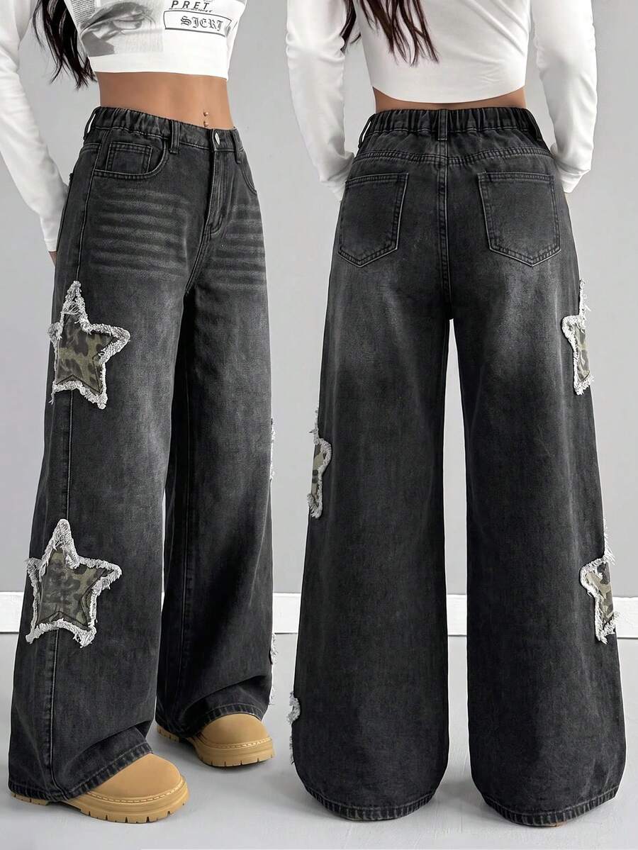 SHEIN Teen Girls Frayed Leopard Print Star Black Denim Loose Long Pants Fall Clothes Winter Casual - Black - View 1