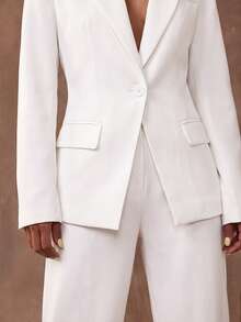 SHEIN BAE Women's Solid Color Mottled Collar Long Sleeve Single Button Jacket And Pants Elegant Suit Casual Set - White - View 8
