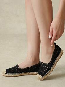 Styleloop Ladies Black Summer Handmade Embroidered Thread Floral Hollow Hemp Rope Espadrilles Flats, Bohemian Style, Casual Vacation, Comfortable Commuter Fall Shoes - Black - View 6