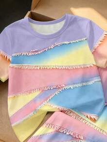 (1 Set) Girls' Casual Fashion Fresh Colorful Gradient Patchwork Pattern Basic Short T-Shirt And Wide Leg Pants - Multicolor - View 5