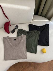 Comfortcana 3pcs/Set Plus Size Multi-Color Spring/Summer A-Line Casual V-Neck T-Shirts - Multicolor - View 7