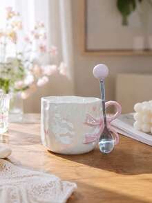 1Pc Cute Pink Bow Ceramic Mug Large Capacity Anti Slip Coffee Cup Easy Clean Beautiful Drinkware Ideal Valentine Gift For Household Daily Use - Multicolor - View 2