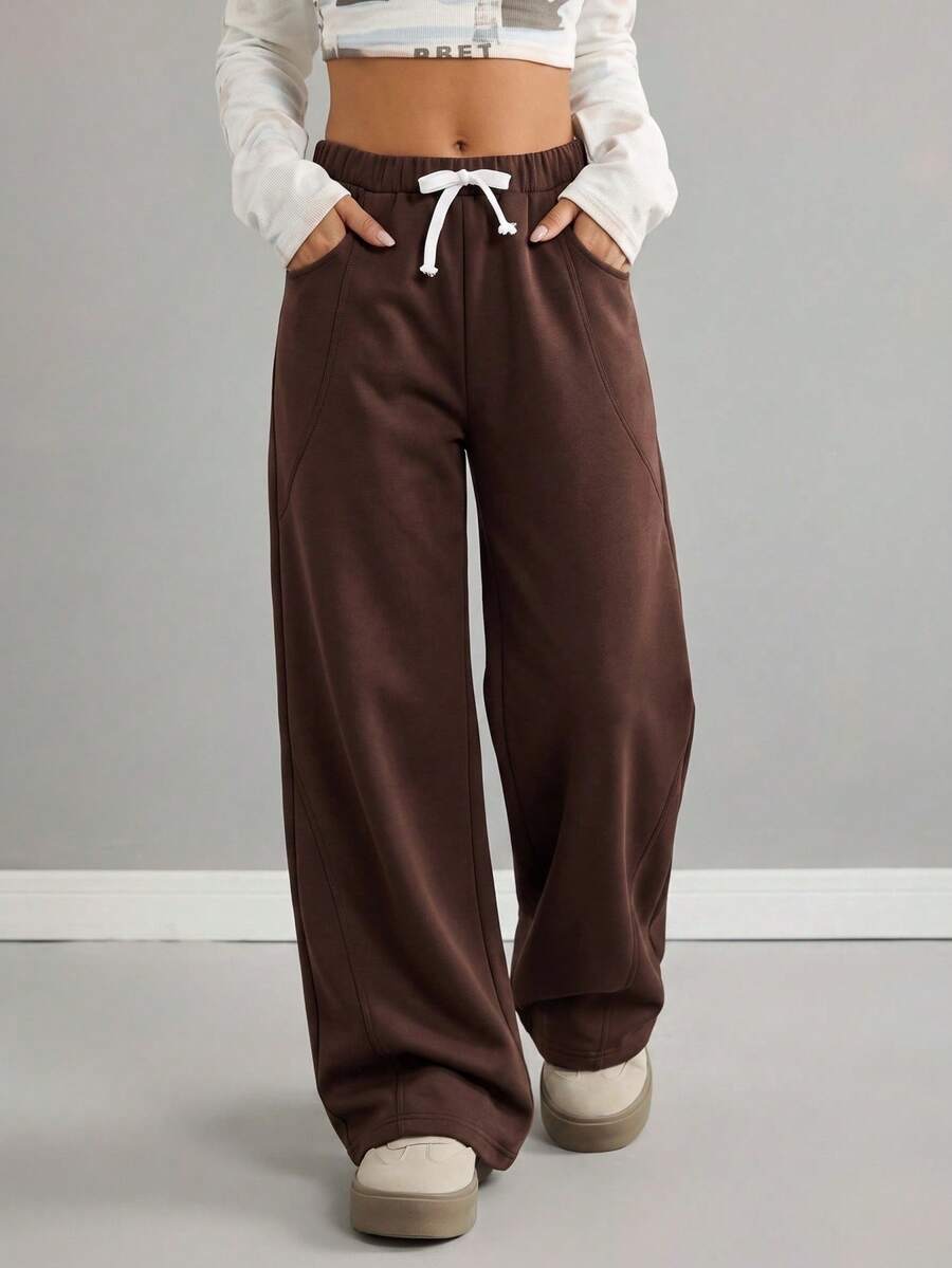 Tween Girl Straight Leg Pants,Coffee Brown Sweatshirt Fabric Soft Comfortable Casual Pants For Autumn School Back-To-School Fashionable Warm Winter - Coffee Brown - View 1