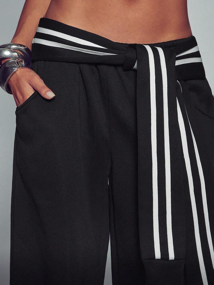 Normani Summer/Autumn Festival Party  Prom Graduation Prom Casual Vacation Country Y2k Women's Striped Waist Tie Pocket Wide Leg Casual Sweatpants - Black - View 6