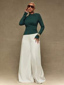 Vixey Sculpting Jersey Boat Neck Ruched Long Sleeve Top, Autumn, Formal Wear, Work Office, Desk To Dinner, Day To Night, Modern Workwear Elegant Dark Green - Dark Green - View 1