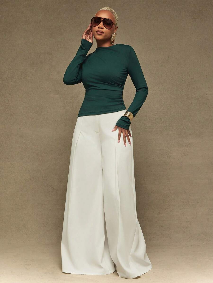 Vixey Sculpting Jersey Boat Neck Ruched Long Sleeve Top, Autumn, Formal Wear, Work Office, Desk To Dinner, Day To Night, Modern Workwear Elegant Dark Green - Dark Green - View 1