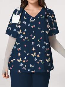 PopScrub Plus Size Casual Watercolor Texture Butterfly Print Navy Blue Scrub Set, Women's Fashion V-Neck Short Sleeve Double Pocket Loop Design Workwear Top, Spring/Summer - Multicolor - View 5